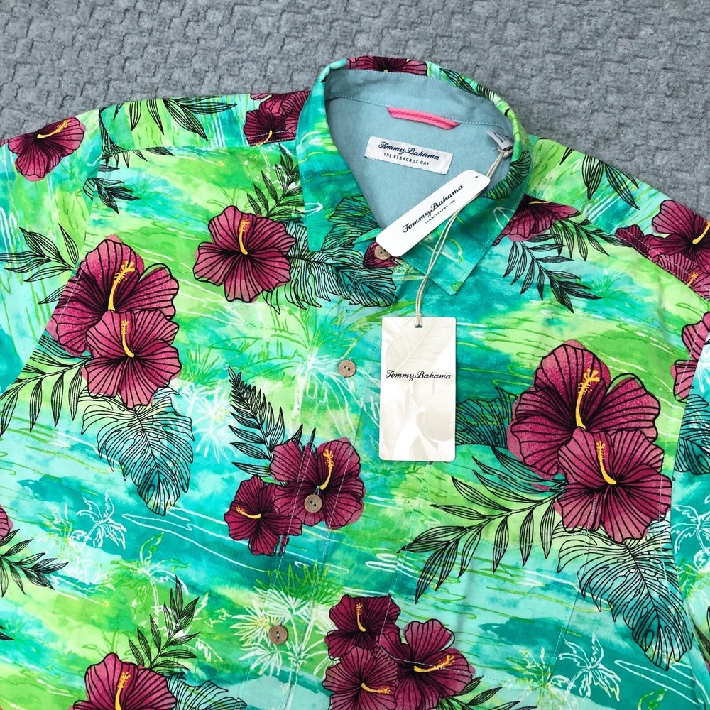 Tommy Bahama Shirt Mens Large Green Veracruz Cay Hibiscus Floral Hawaiian Aloha